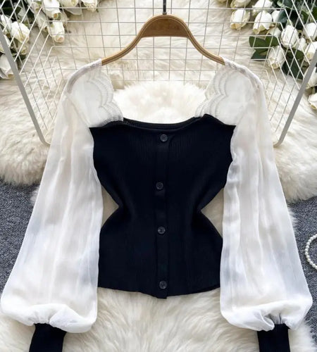 Women Black White Patchwork Knit Sweater Spring Autumn Fashion Yellow Lantern Sleeved Single Breasted Short Pullovers Chic Trend