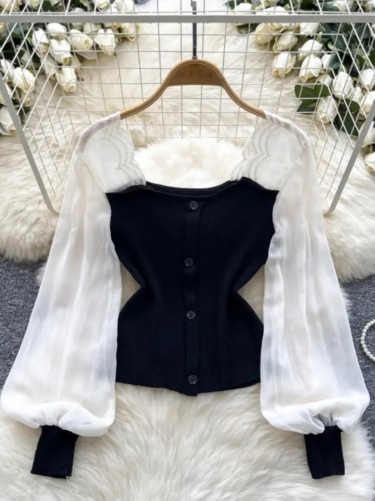 Women Black White Patchwork Knit Sweater Spring Autumn Fashion Yellow Lantern Sleeved Single Breasted Short Pullovers Chic Trend