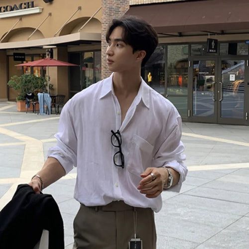 Load image into Gallery viewer, Korean Style Men&#39;s Shirts Turn-down Collar Solid Color Long Sleeve Single Breasted Pockets Design Male Tops New 2025 9C9306
