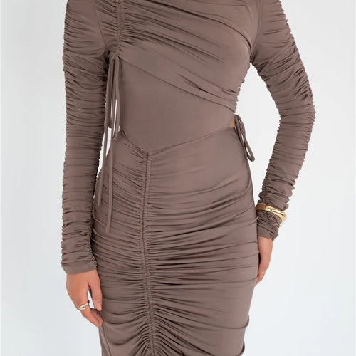 Load image into Gallery viewer, Long Sleeve Ruched Sexy Maxi Dress For Women Autumn Winter New Drawstring Turtleneck Bodycon Sexy Long Dress Elegant
