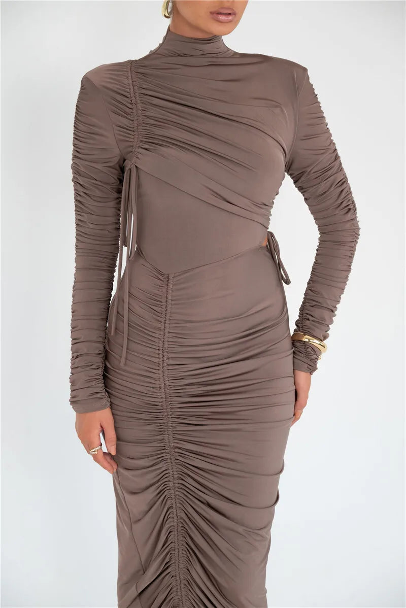 Long Sleeve Ruched Sexy Maxi Dress For Women Autumn Winter New Drawstring Turtleneck Bodycon Sexy Long Dress Elegant