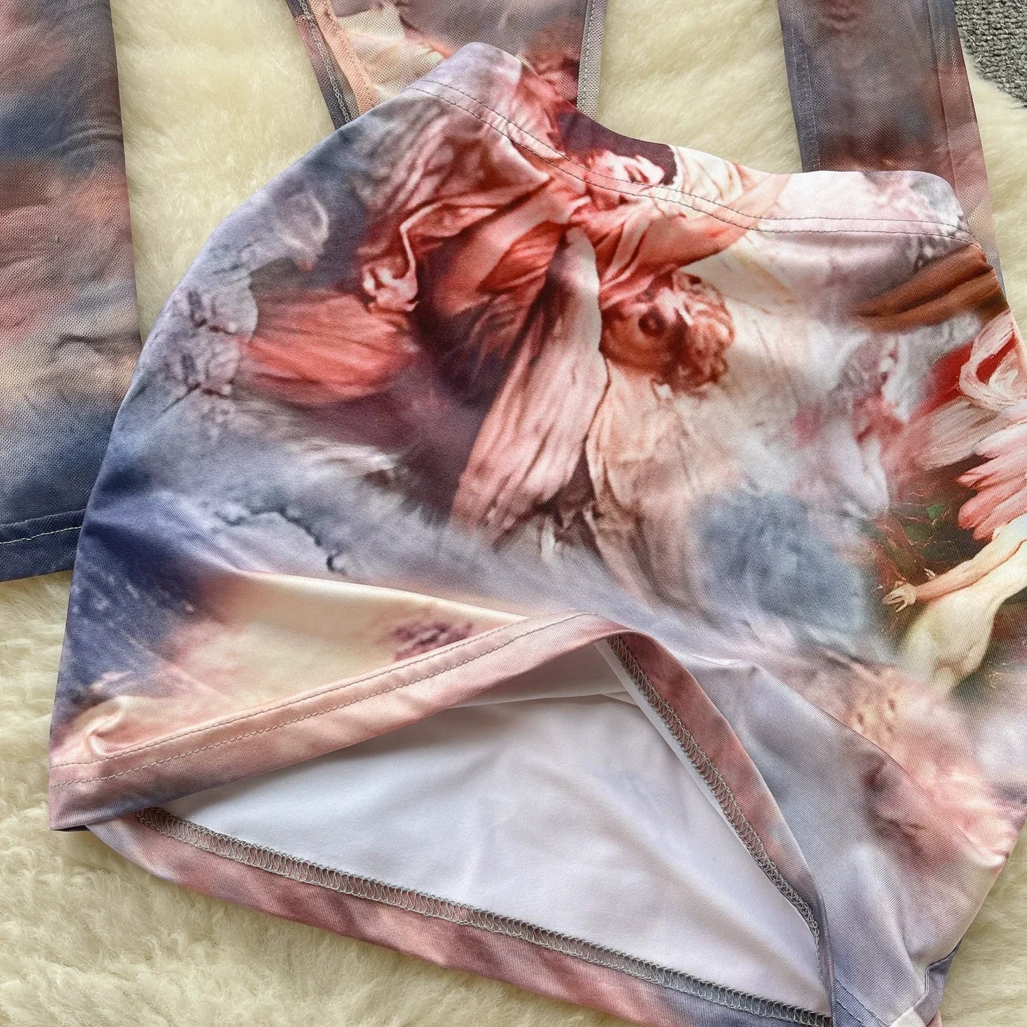 Fashion Hotsweet Two Pieces Suits O Neck Long Sleeved Transparent BodySuit Top+ Skinny Mini Skirt Tie Dye Print Sets