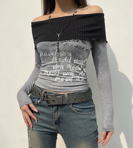 Harajuku Skinny Autumn T shirt for Women Letter Print Patched Streetwear Off Shoulder Top Tee Contrast Goth Pullovers