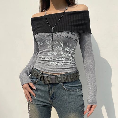Load image into Gallery viewer, Harajuku Skinny Autumn T shirt for Women Letter Print Patched Streetwear Off Shoulder Top Tee Contrast Goth Pullovers

