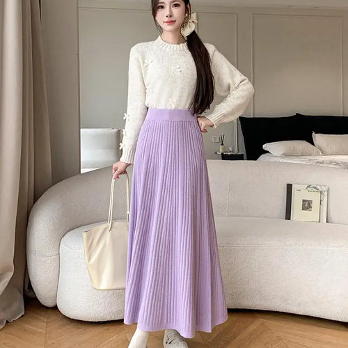 Load image into Gallery viewer, Vintage Women's Solid Elegant Party Knitted Long Skirt High Waist Pleated Warm Vacation A-line Skirts 2024 Autumn Winter Popular

