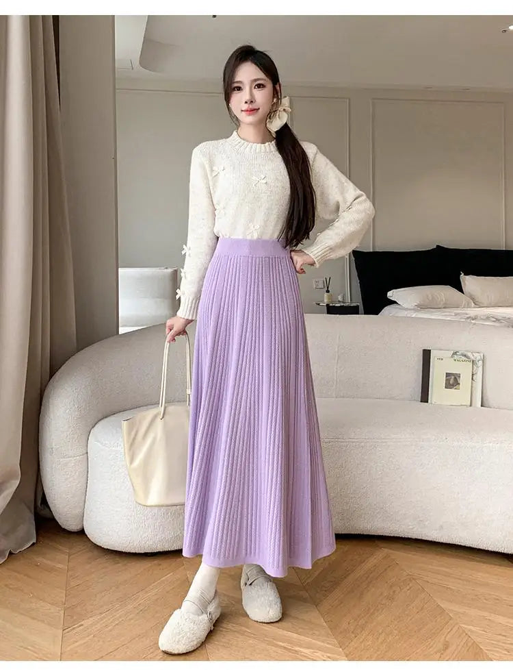 Vintage Women's Solid Elegant Party Knitted Long Skirt High Waist Pleated Warm Vacation A-line Skirts 2024 Autumn Winter Popular