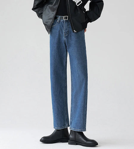 Male Jeans New Autumn American Fanshion Denim Pants Solid Color Men's Loose Fit Slimming Versatile Trousers Blue 9W1284