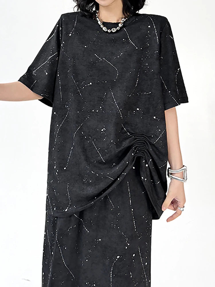 Printed Pleated T-shirt Skirt Two Pieces Suit New Round Neck Short Sleeve Women Fashion Tide Spring Summer 2025 1DJ1161
