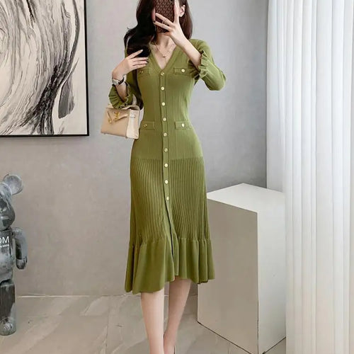 Load image into Gallery viewer, Autumn French Green V-neck Elegant Ruffles Knitted Dress Women Slim Long Sleeve Office Single Breast Dress 2024 New Fashion Chic

