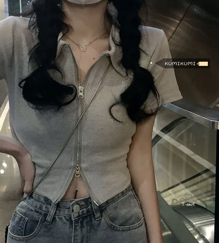 Blusas Mujer De Moda Short Sleeve Solid Color Zipper Shirts Korean Fashion Tunic Blouses Casual Summer Blouse Crop Tops