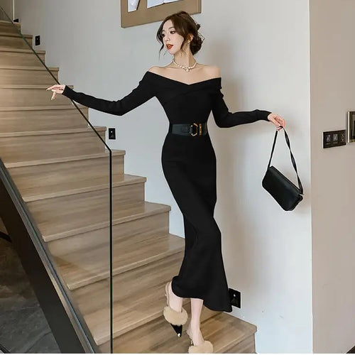 Load image into Gallery viewer, Beige Knit Sweater Dress Women Autumn Winter Black V-neck Slim Long Dresses Female Red High Waist Elegant Evening Party Dress
