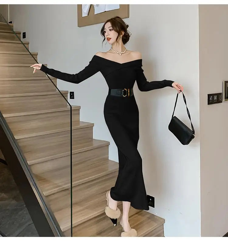 Beige Knit Sweater Dress Women Autumn Winter Black V-neck Slim Long Dresses Female Red High Waist Elegant Evening Party Dress