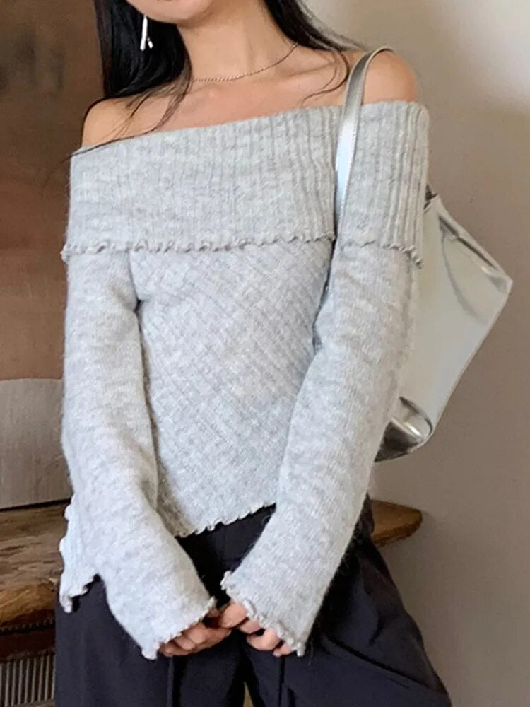 Solid Minimalist Knitting Sweaters For Women Slash Neck Long Sleeve Slimming Temperament Sweater Female Fashion