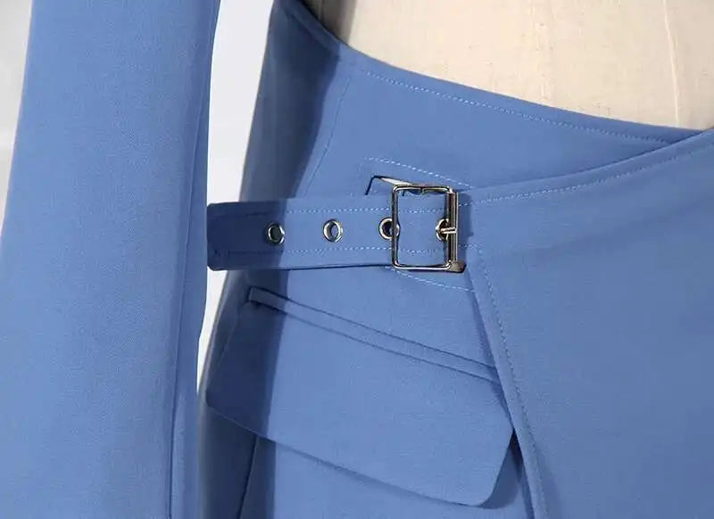 Women Blue Cross Buckle Hollow Out Blazer Dress New Lapel Long Sleeve Loose Fit Fashion Tide Spring Autumn 2025 1DE3323