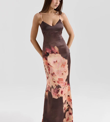 Satin Floral Print Sexy Maxi Dress Women Gown Elegant Spaghetti Strap Sleeveless Backless Bodycon Evening Club Dress
