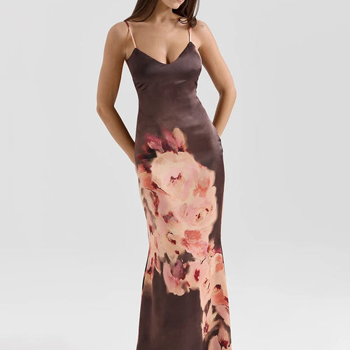 Load image into Gallery viewer, Satin Floral Print Sexy Maxi Dress Women Gown Elegant Spaghetti Strap Sleeveless Backless Bodycon Evening Club Dress
