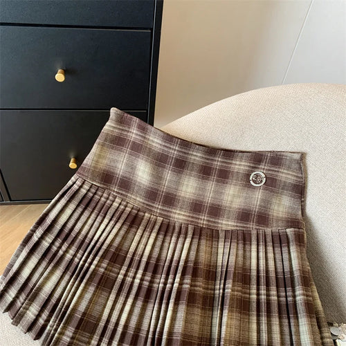 Load image into Gallery viewer, Vintage Brown Plaid Preppy Style Spring Summer Women A-line Short Pleated Skirt Y2k Red Patchwork High Waist Mini Skirt Harajuku

