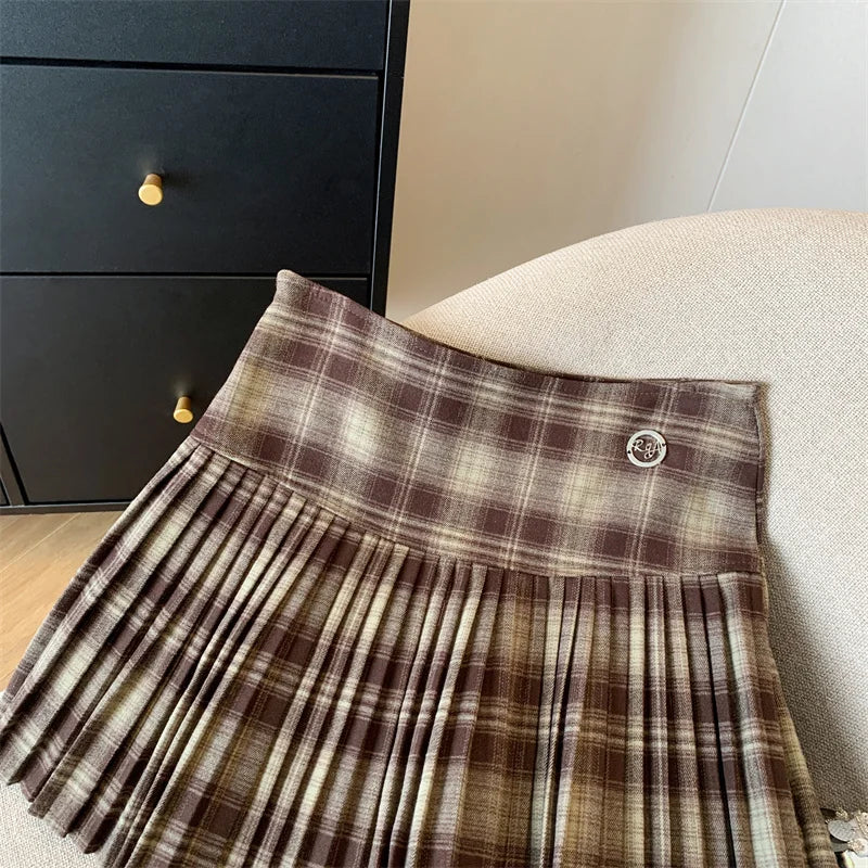 Vintage Brown Plaid Preppy Style Spring Summer Women A-line Short Pleated Skirt Y2k Red Patchwork High Waist Mini Skirt Harajuku