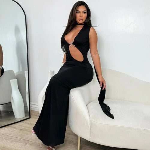 Load image into Gallery viewer, Hollow Out Halter Sexy Maxi Dress Women Summer New Metal Decoration Sleeveless Slim High Waist Long Dress Elegant
