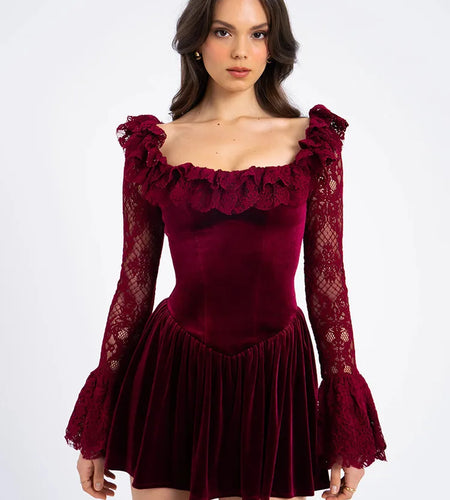 Elegant Long Sleeve Lace Patchwork Tight Dress Women Sexy Trumpet Sleeves Slim Skirt Autumn/Winter New 2025 Vestido