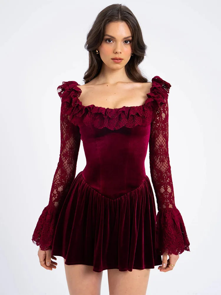 Elegant Long Sleeve Lace Patchwork Tight Dress Women Sexy Trumpet Sleeves Slim Skirt Autumn/Winter New 2025 Vestido