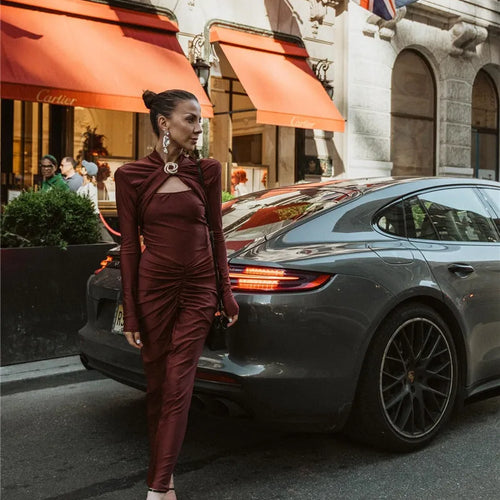 Load image into Gallery viewer, Hollow Out Long Sleeve Sexy Maxi Dress For Women Gown Autumn Winter New Metal Buckle Ruched Slit Long Dress Elegant
