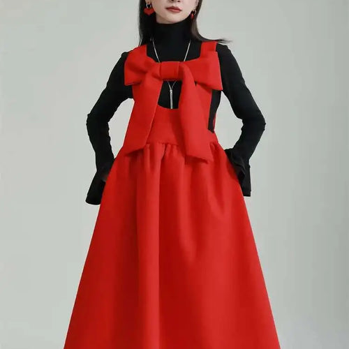 Load image into Gallery viewer, Women Gray Bow Bandage Spliced Long Elegant Woolen Dress New Sleeveless Loose Fit Fashion Tide Autumn Winter 2025 1DF3527
