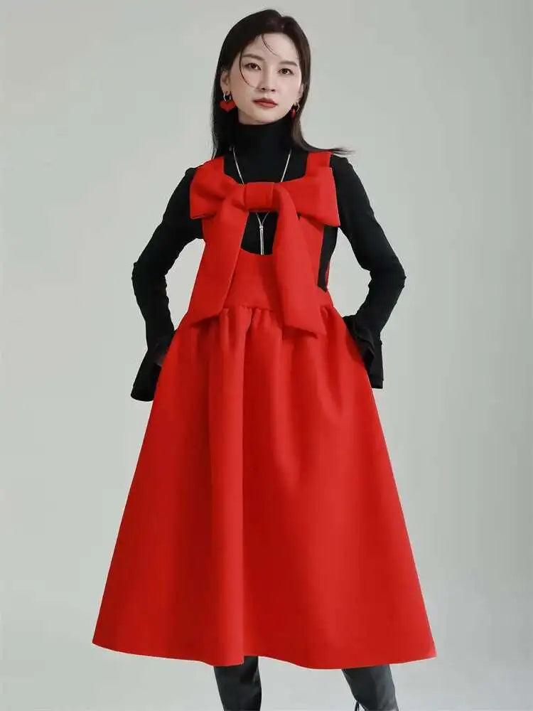 Women Gray Bow Bandage Spliced Long Elegant Woolen Dress New Sleeveless Loose Fit Fashion Tide Autumn Winter 2025 1DF3527
