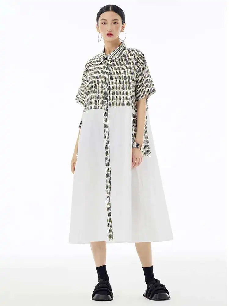 Women Black Printed Color-block Big Size Shirt Dress New Laple Short Sleeve Fashion Tide Spring Summer 2025 1DH6081