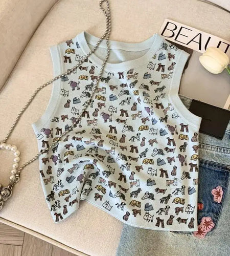 Korean Vintage Green Blue Dog Print Slim Short Knitted Vest Summer Women Round Neck Sleeveless Vacation Pullover Tops 2025 Trend