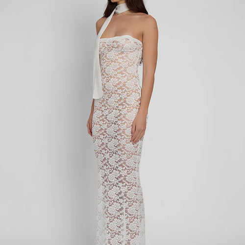 Load image into Gallery viewer, Lace See Through Sexy Midi Dress For Women Fashion Off-shoulder Strapless Sleeveless Backless Bodycon Club Party Dress
