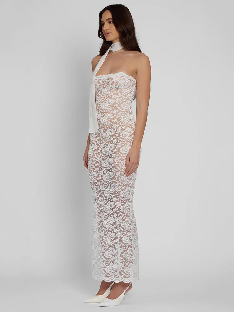 Lace See Through Sexy Midi Dress For Women Fashion Off-shoulder Strapless Sleeveless Backless Bodycon Club Party Dress