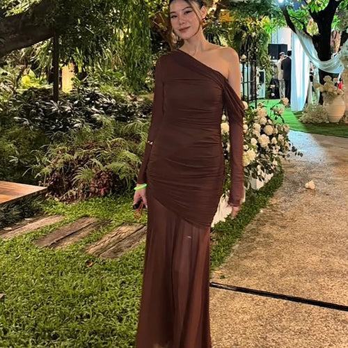 Load image into Gallery viewer, Oblique Shoulder Long Sleeve Sexy Maxi Dress For Women Fashion Mesh Backless Bodycon Ruched Club Evening Long Dress
