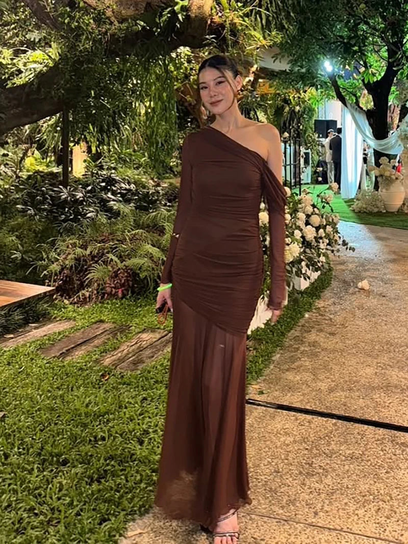 Oblique Shoulder Long Sleeve Sexy Maxi Dress For Women Fashion Mesh Backless Bodycon Ruched Club Evening Long Dress