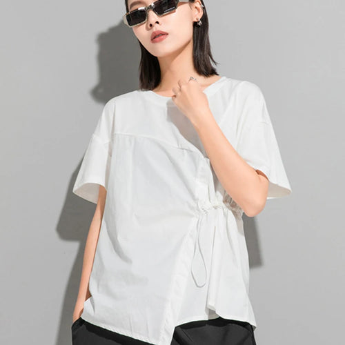 Load image into Gallery viewer, Women Black Waist Drawstring Big Size Casual T-shirt New Round Neck Short Sleeve Fashion Tide Spring Summer 2025 1DJ1833
