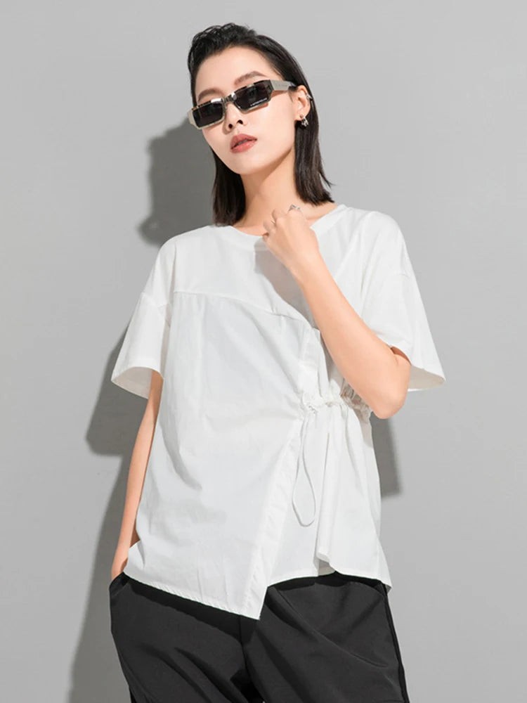 Women Black Waist Drawstring Big Size Casual T-shirt New Round Neck Short Sleeve Fashion Tide Spring Summer 2025 1DJ1833