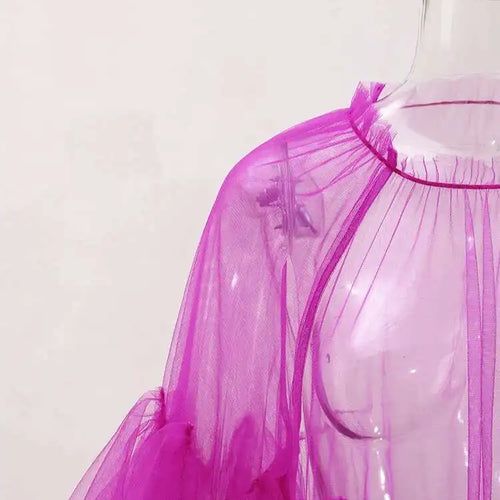 Load image into Gallery viewer, Women Purple Ruffles Mesh Perspective Big Size Long Dress New Round Neck Half Sleeve Fashion Spring Summer 2025 JR7711
