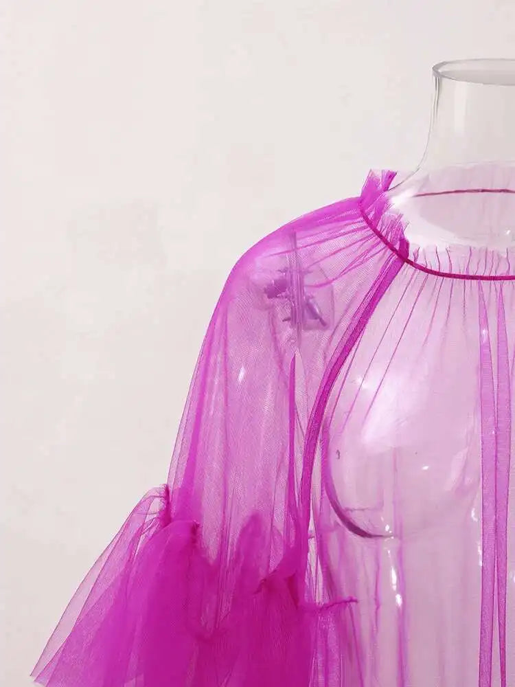 Women Purple Ruffles Mesh Perspective Big Size Long Dress New Round Neck Half Sleeve Fashion Spring Summer 2025 JR7711