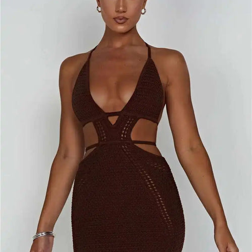 Load image into Gallery viewer, Hollow Out Halter Sexy Mini Dress Women Summer New Sleeveless Backless Skinny Club Party Knit Tank Dress Vestido
