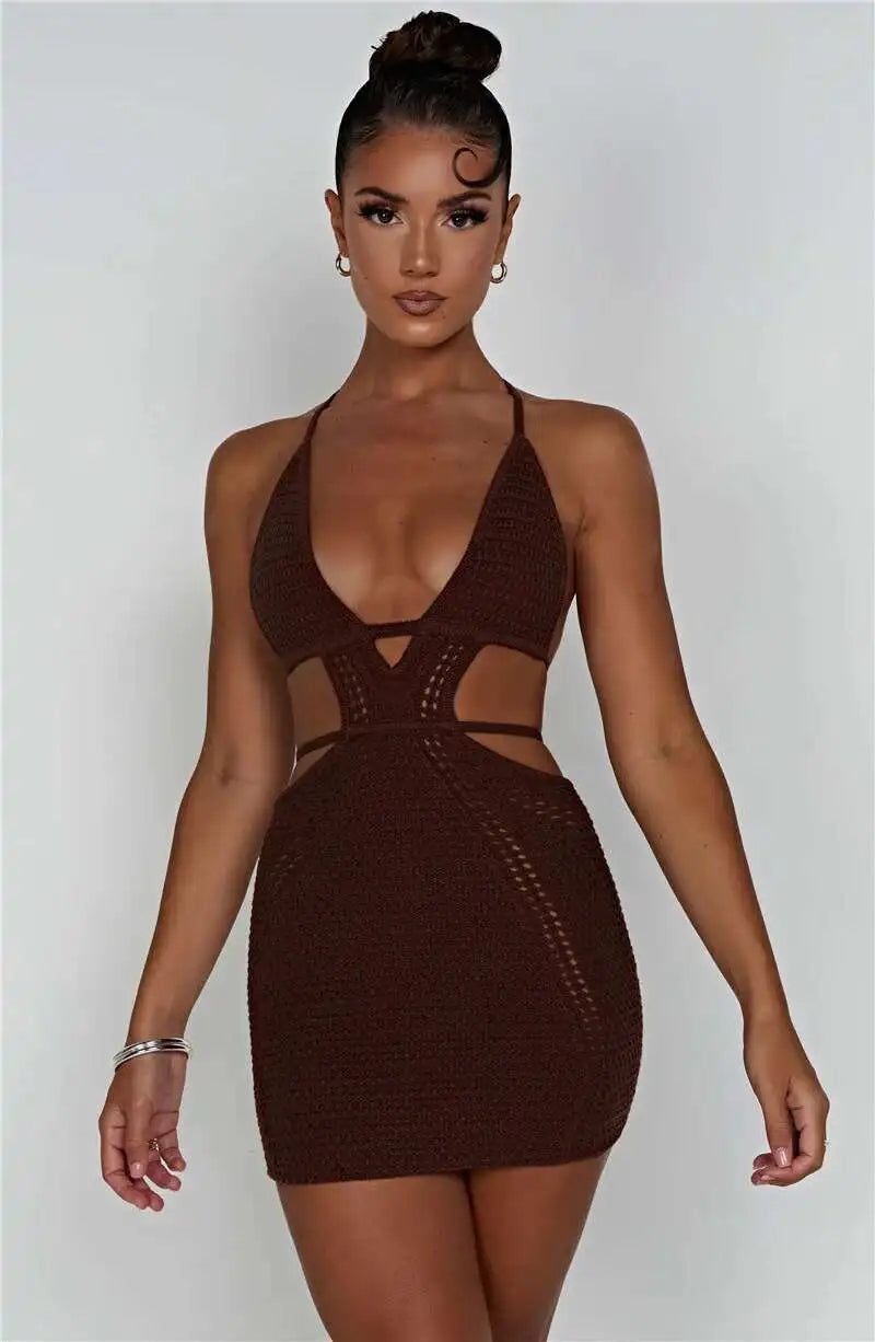 Hollow Out Halter Sexy Mini Dress Women Summer New Sleeveless Backless Skinny Club Party Knit Tank Dress Vestido