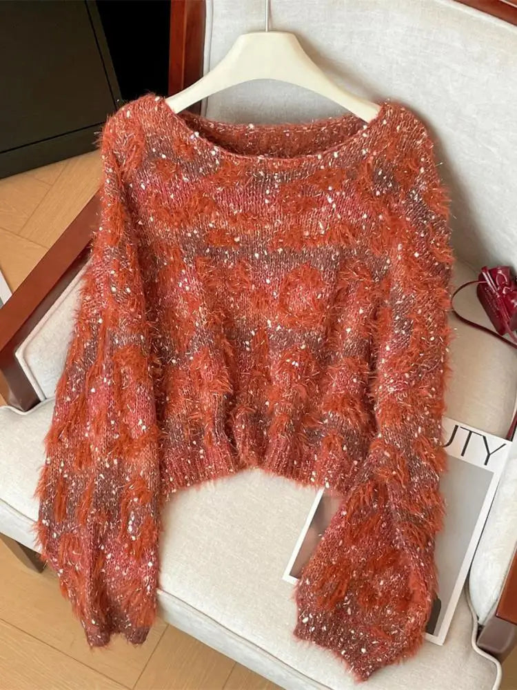 Autumn Winter 2025 Grey Patchwork Elegant Pullover Fashion Short Sweater Women Orange Long Sleeve Knitwear Warm Tops Streetwear