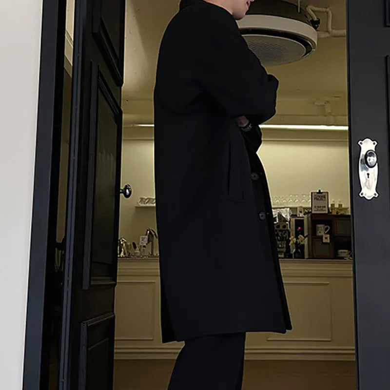 Korean Style Men's Woolen Coats Lapel Design Solid Color Trendy Casual Single Breasted Male Loose Spring Tops 9W1849