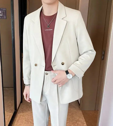 Korean Style New Trendy Male Blazer Turn-down Collar Solid Color Suit Jacket 2025 Spring Loose Fit Men Clothing 9W1203