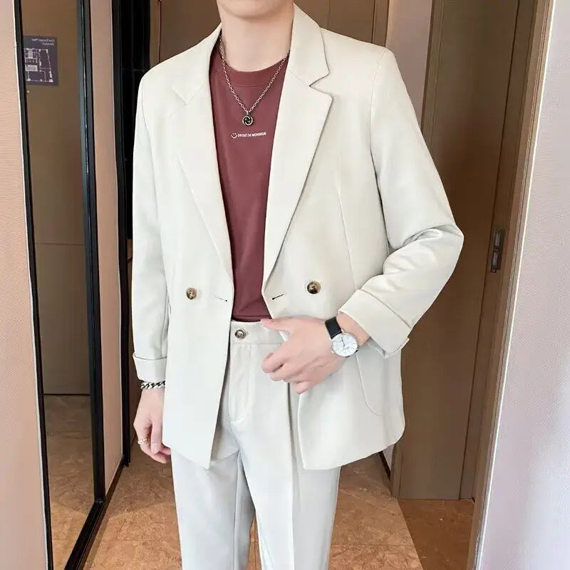 Korean Style New Trendy Male Blazer Turn-down Collar Solid Color Suit Jacket 2025 Spring Loose Fit Men Clothing 9W1203