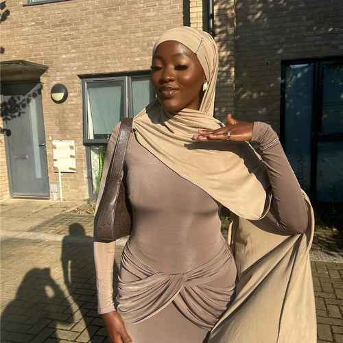 Load image into Gallery viewer, Diagonal Collar Long Sleeve Maxi Dress For Women Autumn Winter New Solid High Waist Ruched Bodycon Sexy Long Dress
