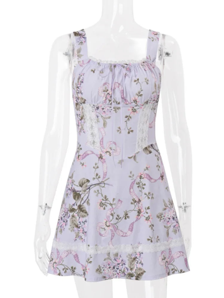 Floral Print Backless Sexy Mini Dress Women Robe Summer Fashion Square Collar Sleeveless High Waist A-line Club Dress