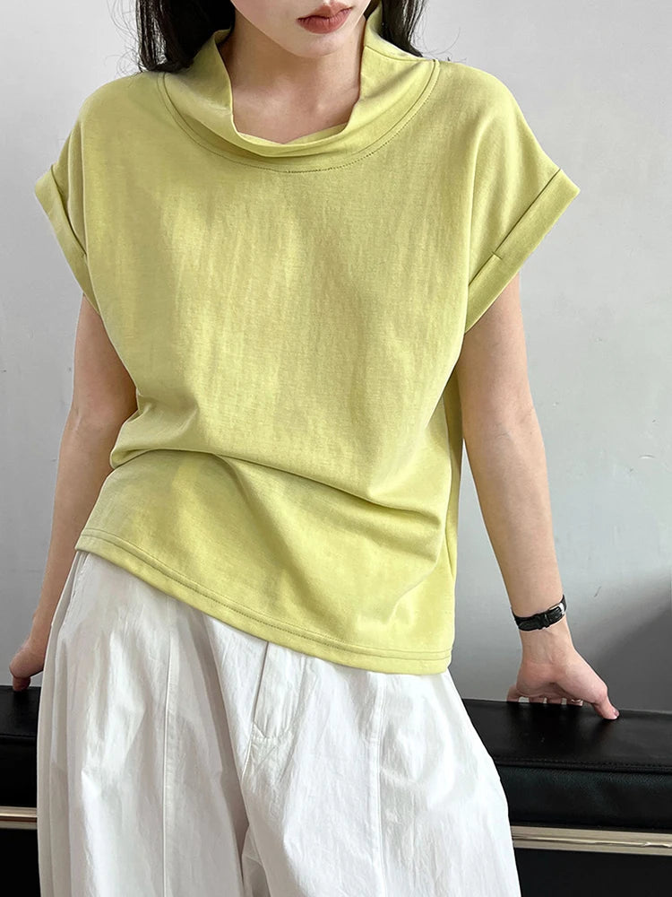 Women Yellow White Plain Color Thin Elegant T-shirt New Turtleneck Short Sleeve Fashion Tide Spring Summer 2025 1DJ0472