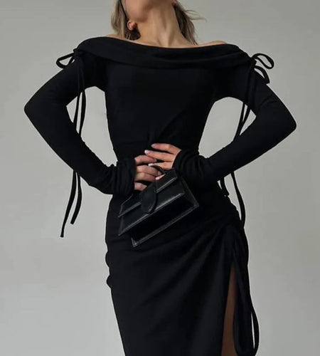 Fashion Long Sleeve High Elasticity Tight Split Lace Dress For Women 2025 Sexy Single Shoulder Spliced Drawstring  Dress