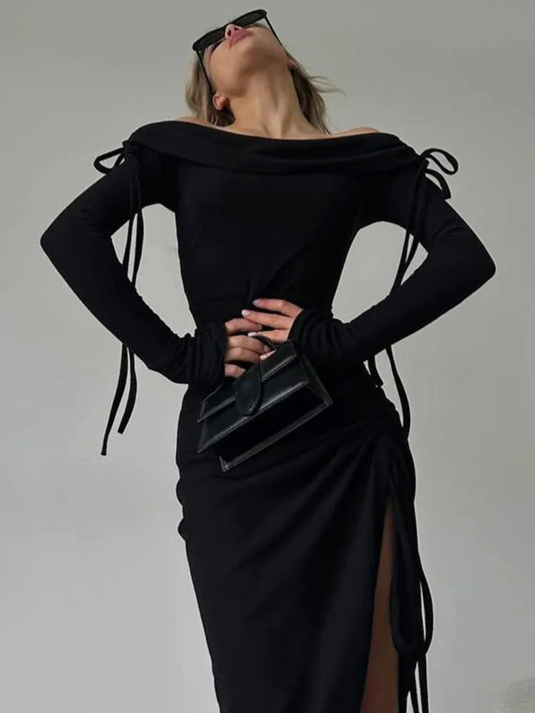 Fashion Long Sleeve High Elasticity Tight Split Lace Dress For Women 2025 Sexy Single Shoulder Spliced Drawstring  Dress