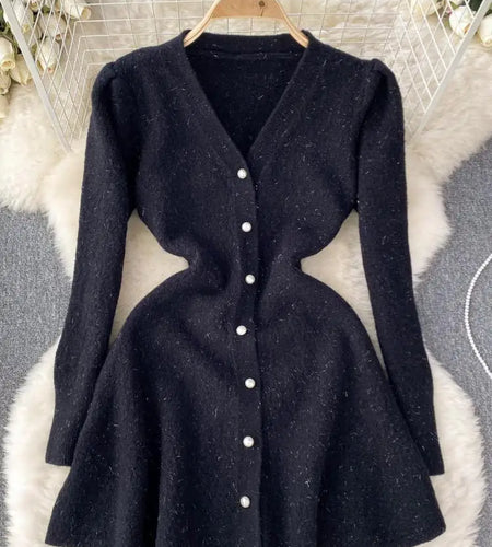 French Fashion Women Solid Single Breasted Elegant V Neck Short Dress Autumn Winter Long Sleeves Knitted Sweater Mini Dress Chic